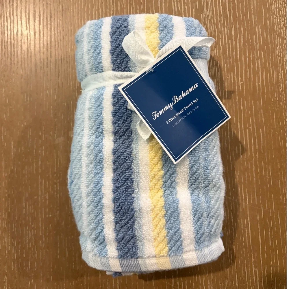 Tommy Bahama 2 Piece Hand Towel Set Ocean Bay Blue Yellow Stripe 100% Cotton NWT
